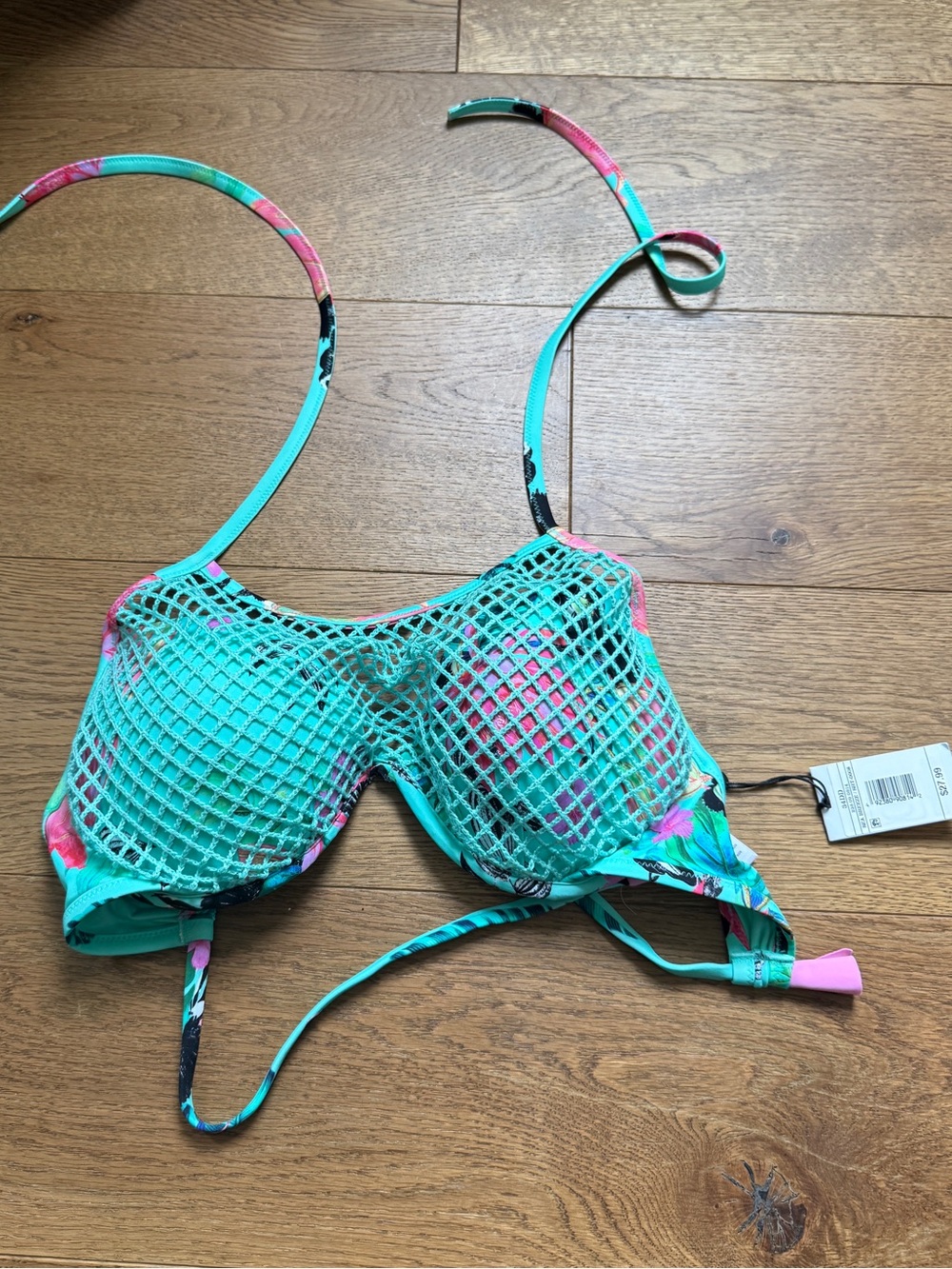 Turquoise Floral Mesh Bikini Top
